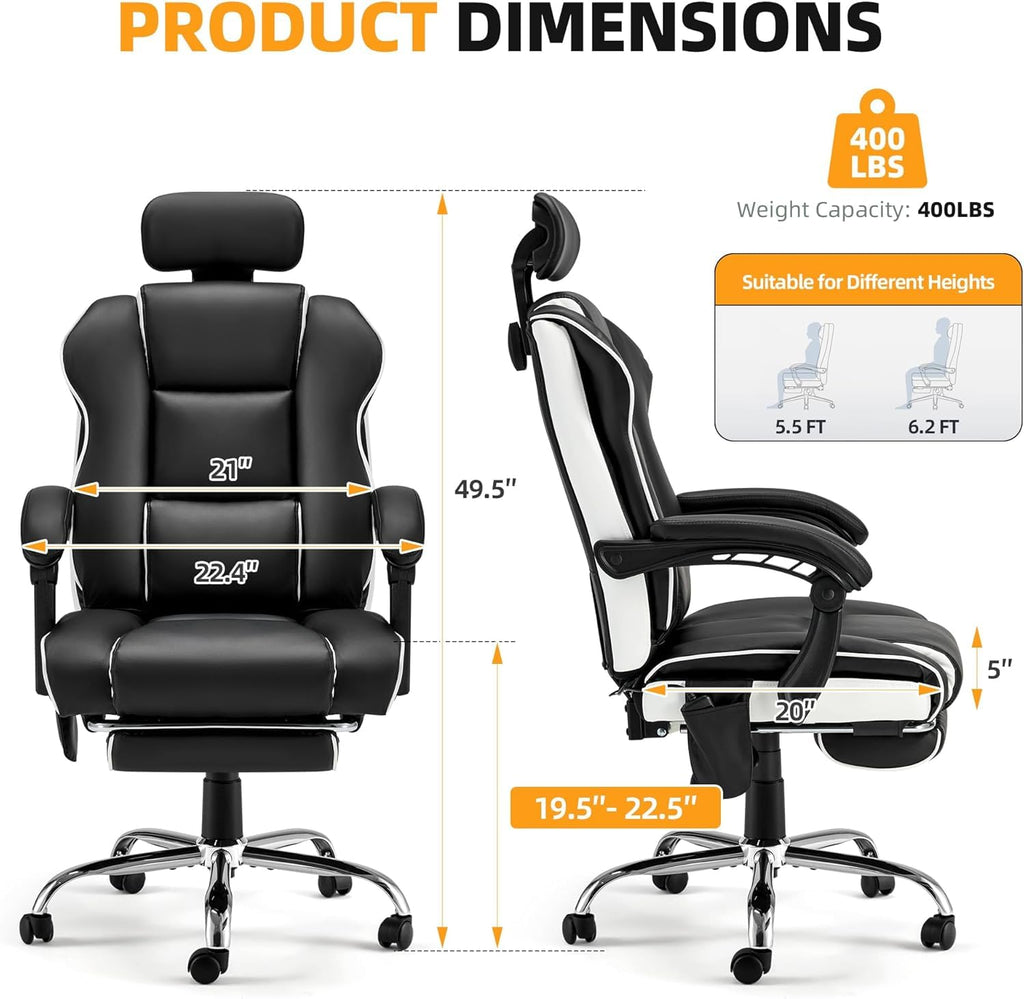 Homrest Heated Massage Executive Office Chair with Footrest Black, Black with White Trim