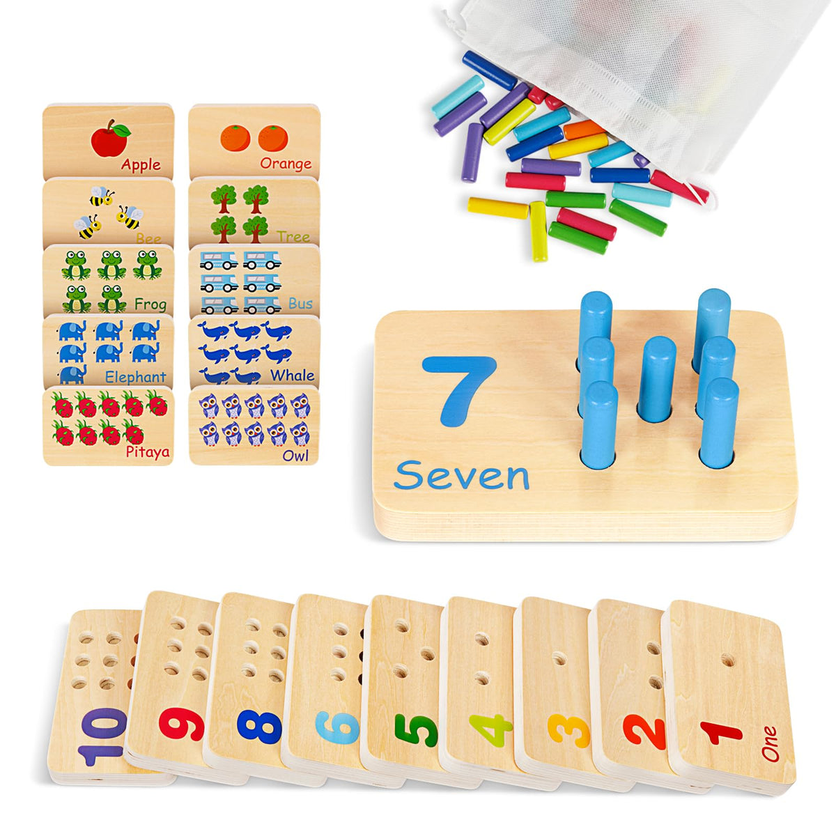 TOOKYLAND Peg Board Toddler Toys, Counting Wooden Toys with 55 Pegs, Wooden Math Manipulatives,Montessori Math and Numbers for Kids & Kindergarten Learning Activities