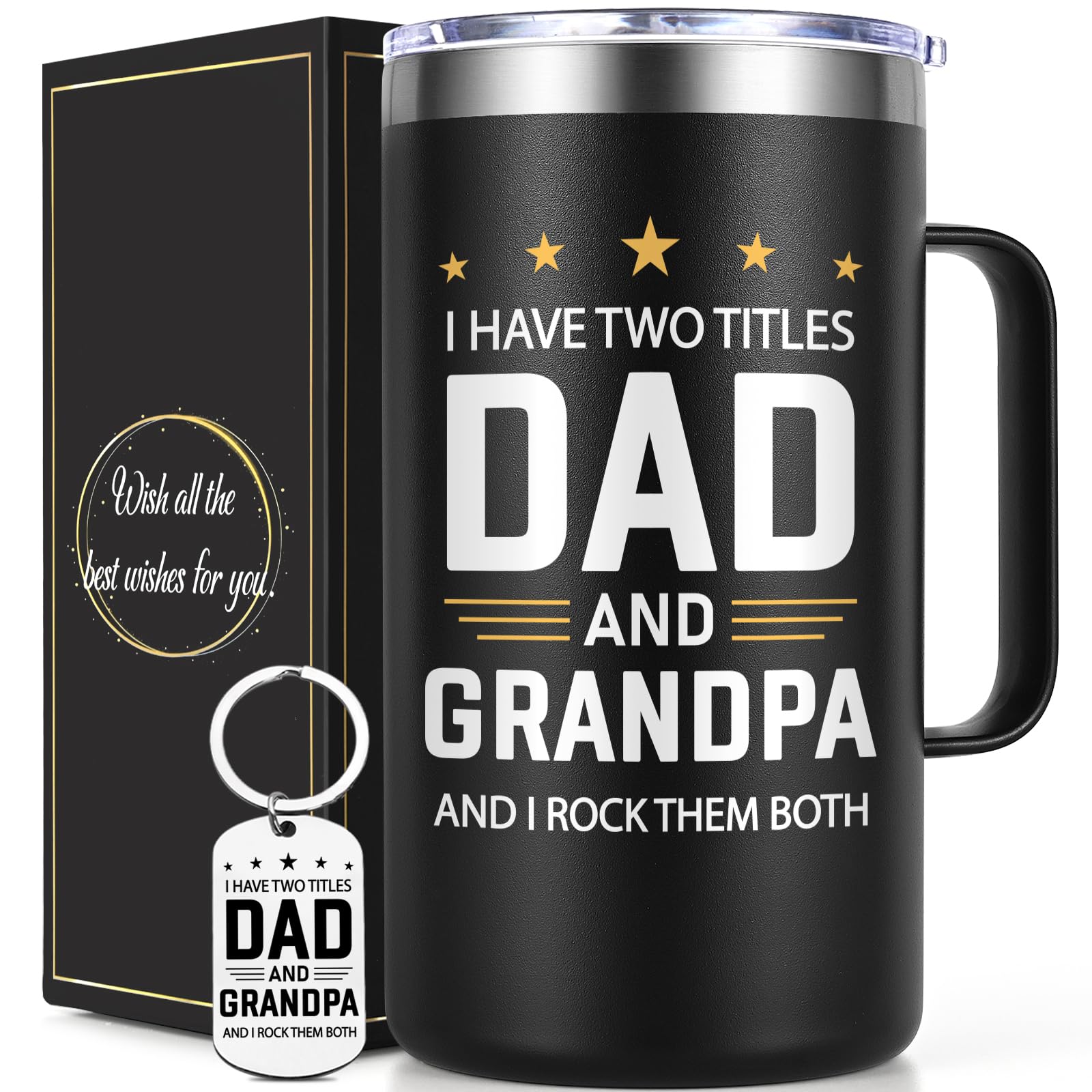 Lifecapido Fathers Day Gift for Grandpa, I Have Two Titles Dad And Grandpa I Rock Them Both 20oz Insulated Coffee Mug with Keychain, Birthday, Father’s Day Gift, Black