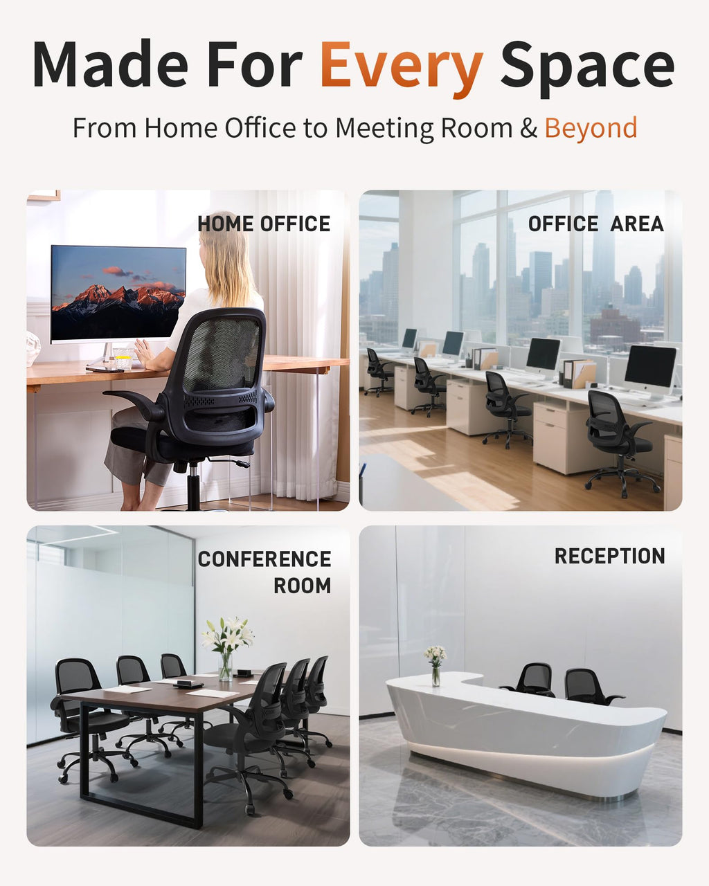 Ergonomic Mesh Office Chair with Flip-up Arms, Adjustable Height, Breathable Mesh Back & Thick Cushion Seat, 360° Swivel Rolling Computer Desk