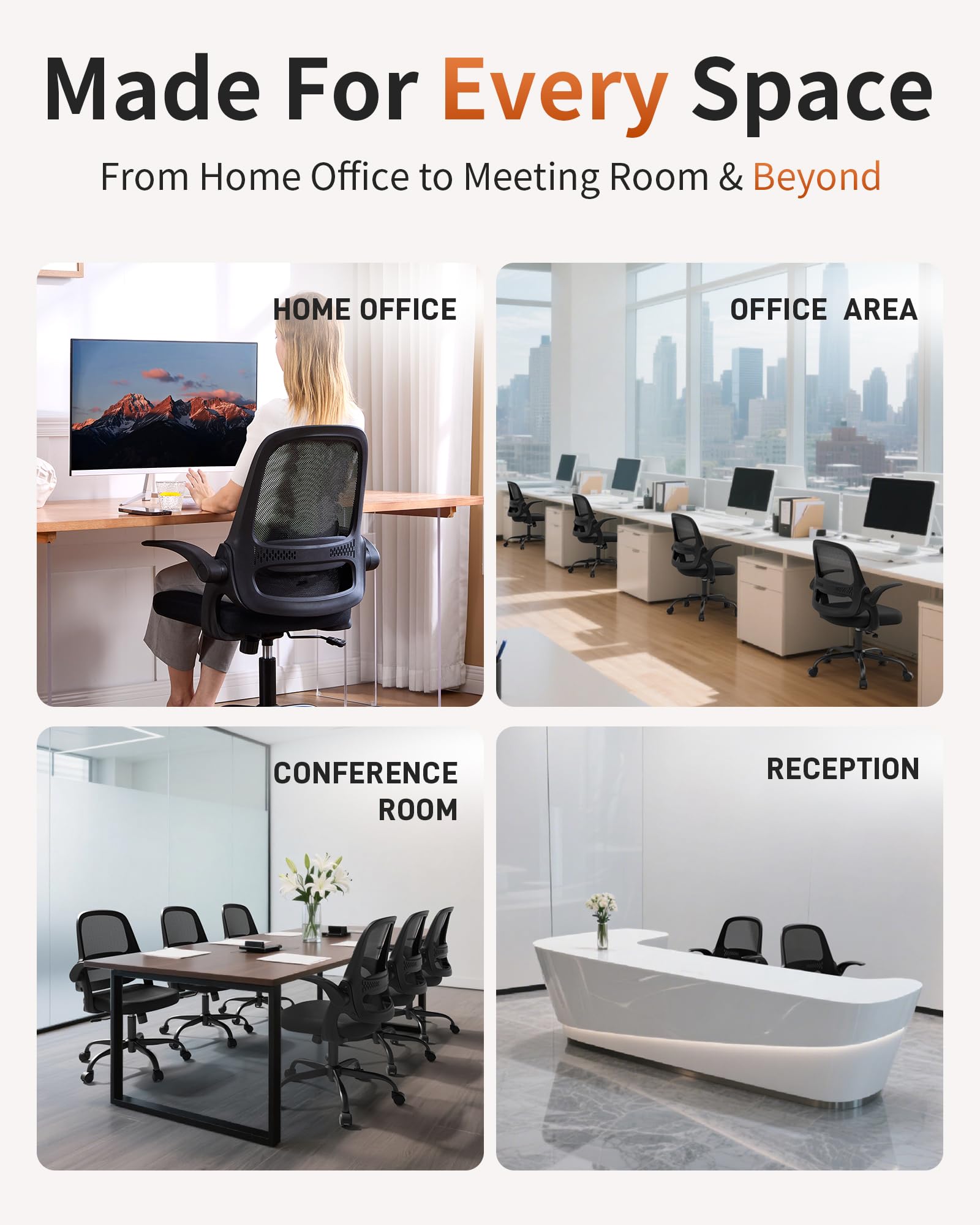 Ergonomic Mesh Office Chair with Flip-up Arms, Adjustable Height, Breathable Mesh Back & Thick Cushion Seat, 360° Swivel Rolling Computer Desk