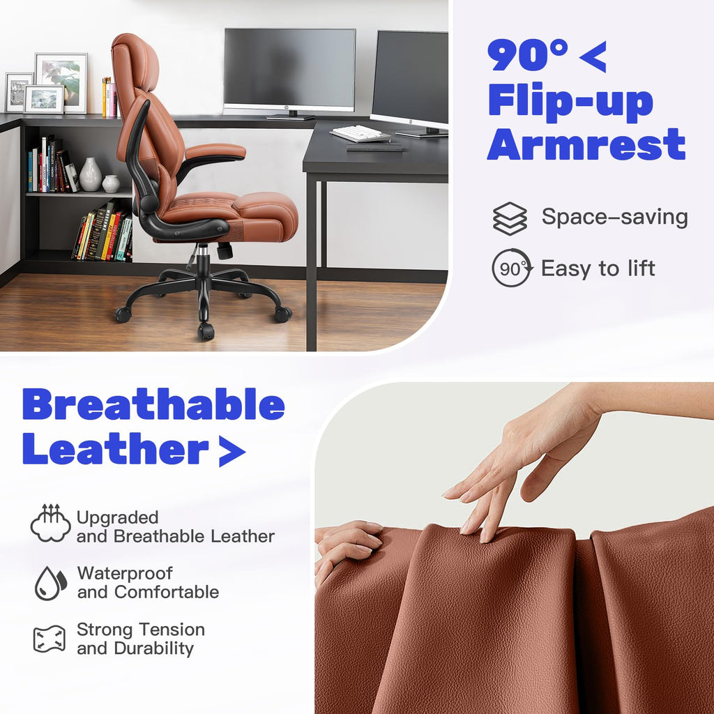 High Back Executive Office Chair - Ergonomic Computer Desk with Rocking Function, Leather Managerial with Adjustable Flip-up Armrests and