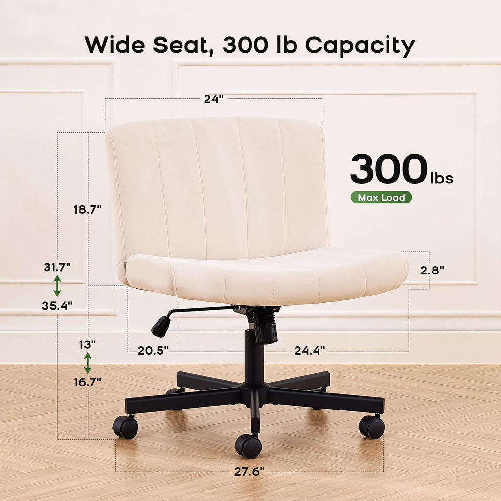 Lukkdys Criss Cross Chair with Wheels, Wide Cross Legged Desk Chair, Comfy Fabric Vanity Chair for Home Office Bedroom, Adjustable Armless