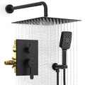 Shower Faucet Set Wall Mounted Shower head with Handheld Comb Rain System 6 Function Pressure Balance - Stainless Steel Bathroom Shower Kit Complete 12 Inch Matte Black(With Valve)