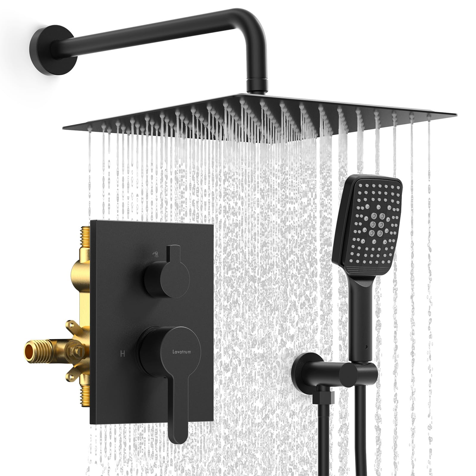 Shower Faucet Set Wall Mounted Shower head with Handheld Comb Rain System 6 Function Pressure Balance - Stainless Steel Bathroom Shower Kit Complete 12 Inch Matte Black(With Valve)