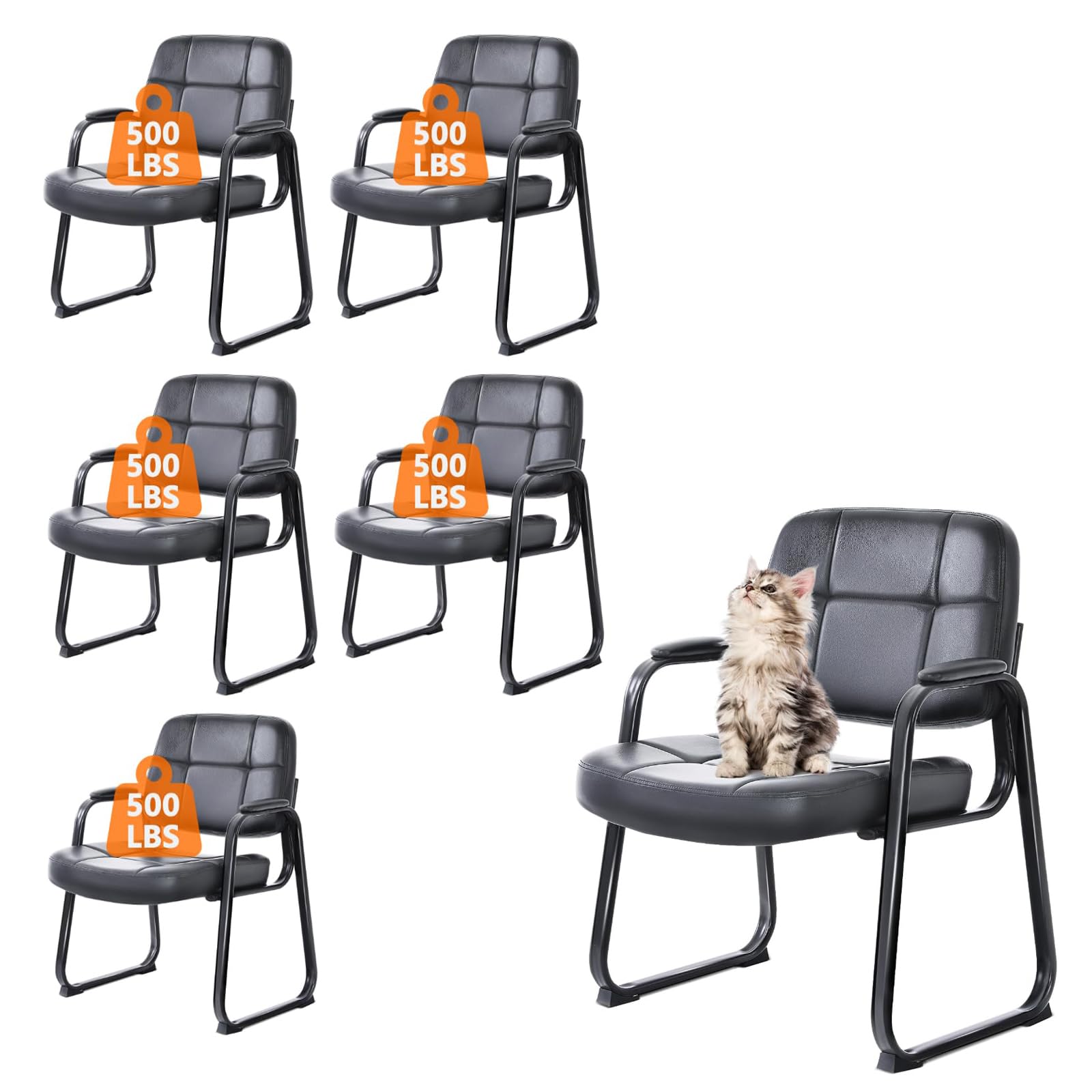 Clatina Set of 6 Big & Tall 400 Lbs Waiting Room Guest Chair, Leather Office Reception Chair No Wheels with Backrest Wide Seat and Padded Arms