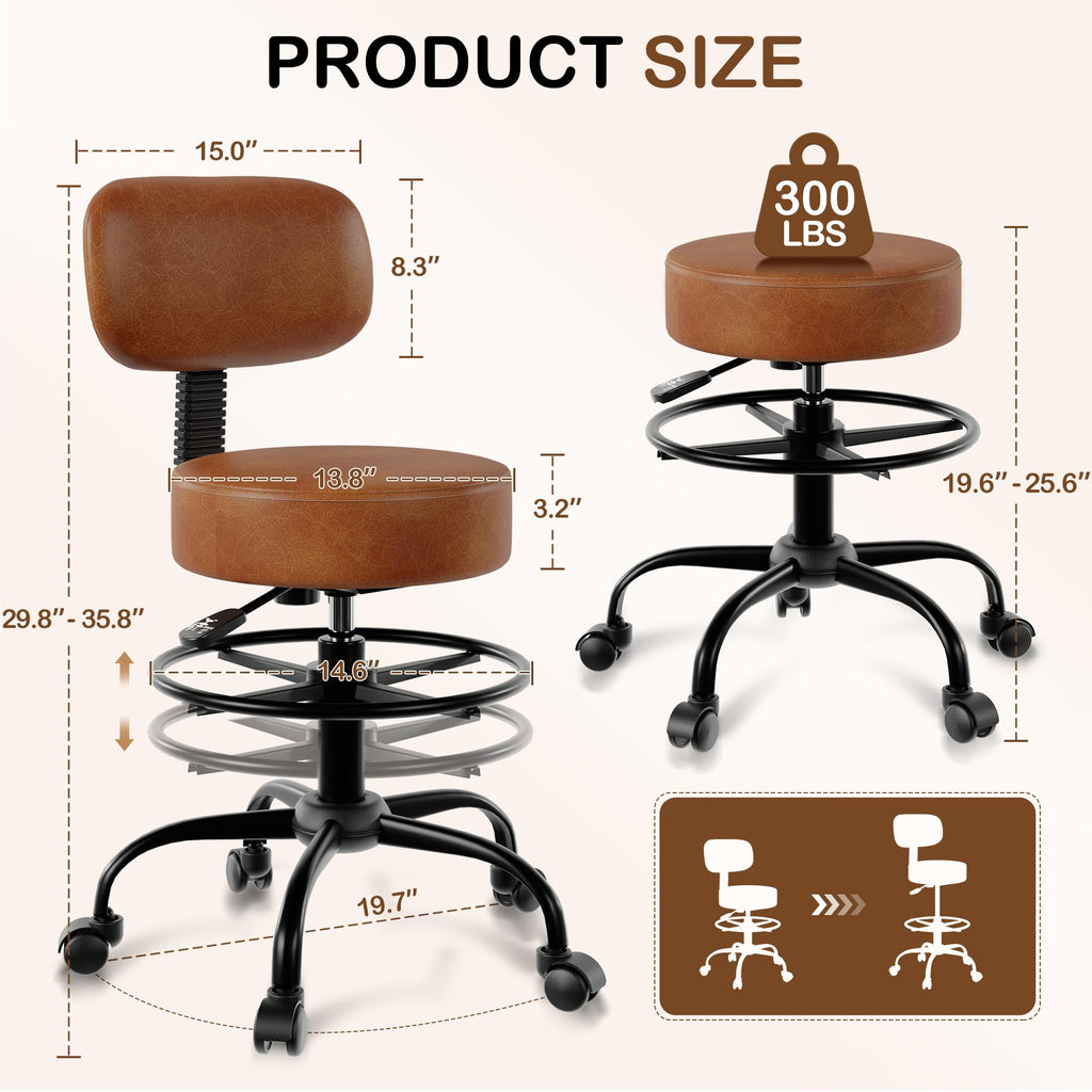 Anunweldo Drafting Chair with Back Support, Adjustable Foot Rest Rolling Stool, 360° Swivel Office Desk Chair with Wheels, Thick Seat Cushion