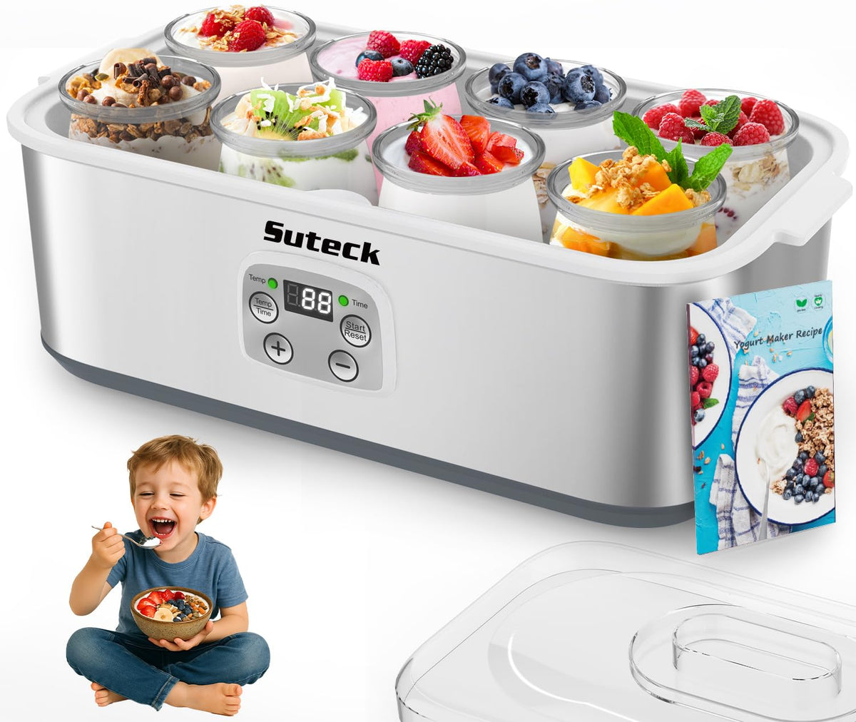 Suteck Yogurt Maker - Stainless Steel Yogurt Makers with Adjustable Time & Temp Control?Automatic Shut-Off & Constant Temper for Homemade Greek, Probiotic Yogurt, BPA-Free 8 Glass Jars (48 oz)