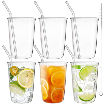 Nagpew 6 Pieces Drinking Glasses with Straw, 16 Oz Clear Water Glass Set