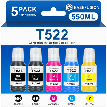 EaseFusion 522 High Capacity Ink Refill Bottle (5-Bottles) Replacement for Epson 522 Ink Works with EcoTank ET-2800 ET-2803 ET-2400 ET-4800 ET-4700 Printers 550ml Total Black and Color Combo