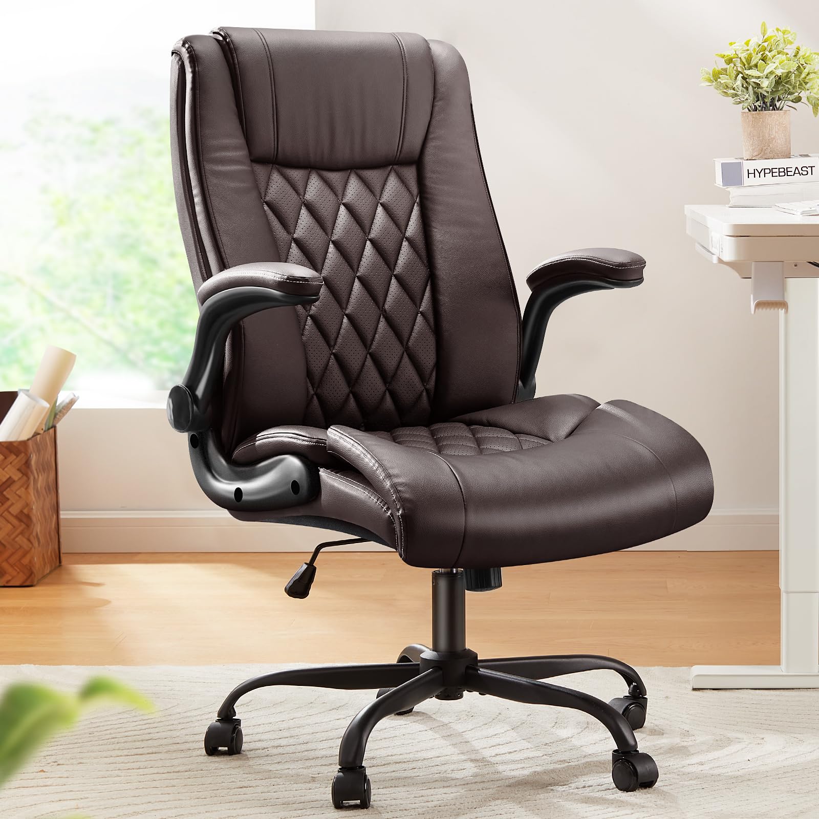 Marsail Executive Office Chair with Flip-up Armrests,pu Leather Ergonomic Desk Chair Height-adjustable Swivel Rolling Desk Chair, Brown