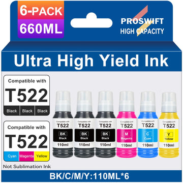 Replacement for Epson 522 High Capacity Ink Refill Bottles Use for EcoTank ET-2800 ET-2803 ET-2400 ET-4800 ET-2720 ET-2840 ET-3950 ET-3850 ET-2850 ET-4700 ET-4800 ET-15000 Printer 6 Bottles