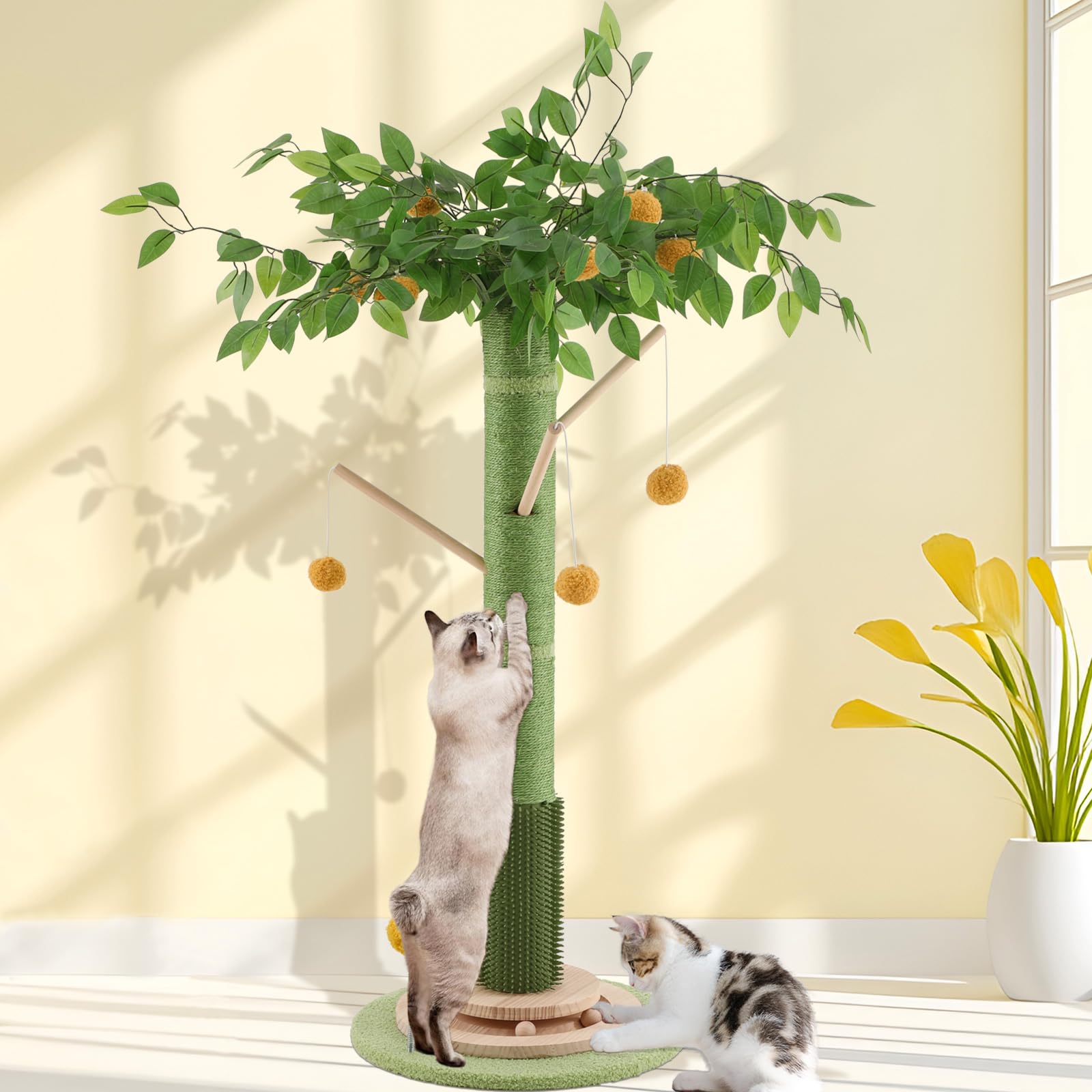 Cat Scratching Post, 45 Inch Tall Cat Scratcher Tree for Indoor Cats Adults with Natural Sisal Rope, Large Scratching Posts with Rubber Brush, 3-Layer Solid Wood Base and Balls Track Toy