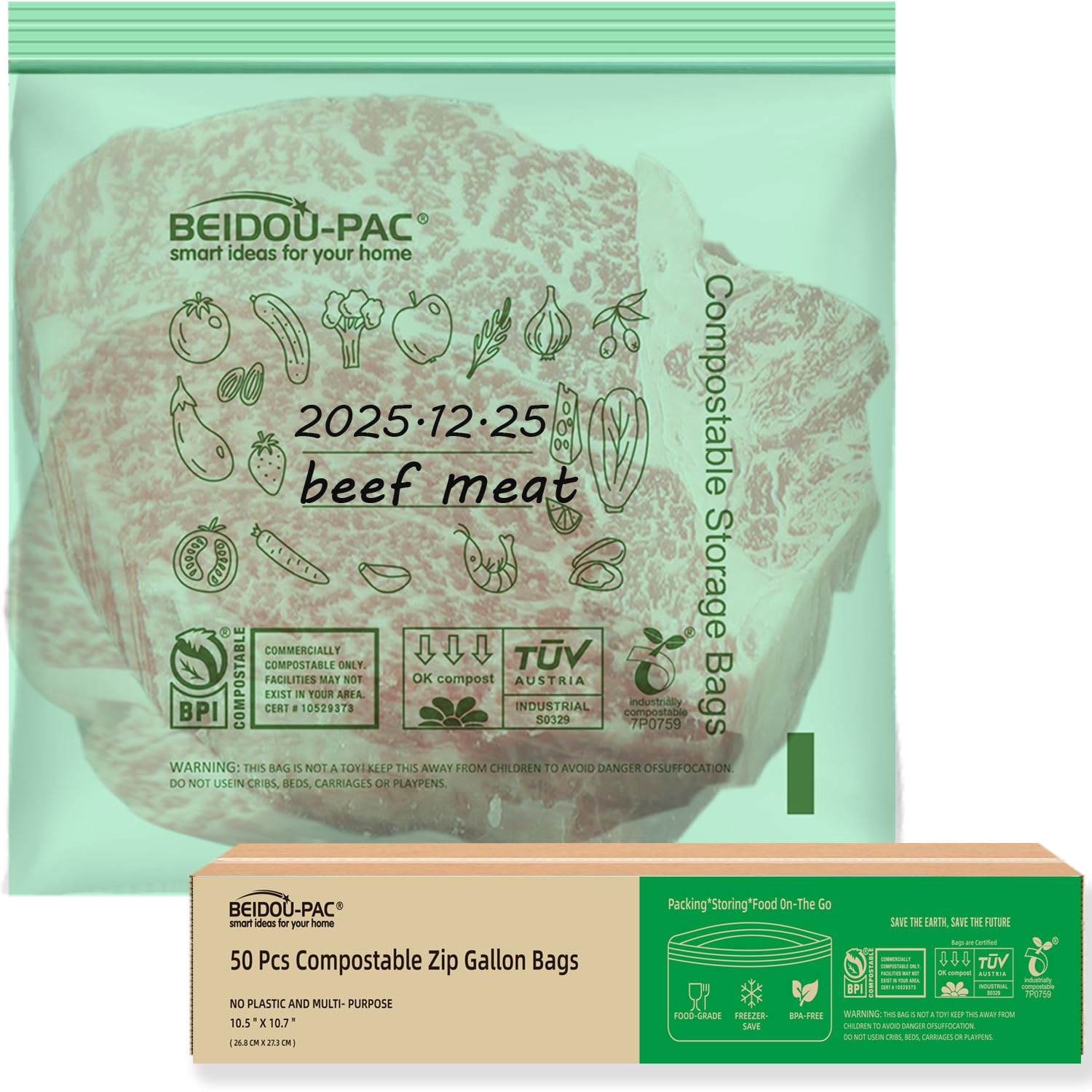 BEIDOU-PAC Compostable Gallon Food Storage Freezer Bags, 50 Count | 2 Mil | 10.5" * 10.7", Freshness Easy Open Biodegradable, Eco-Friendly Reclosable Compost Zippper Bags