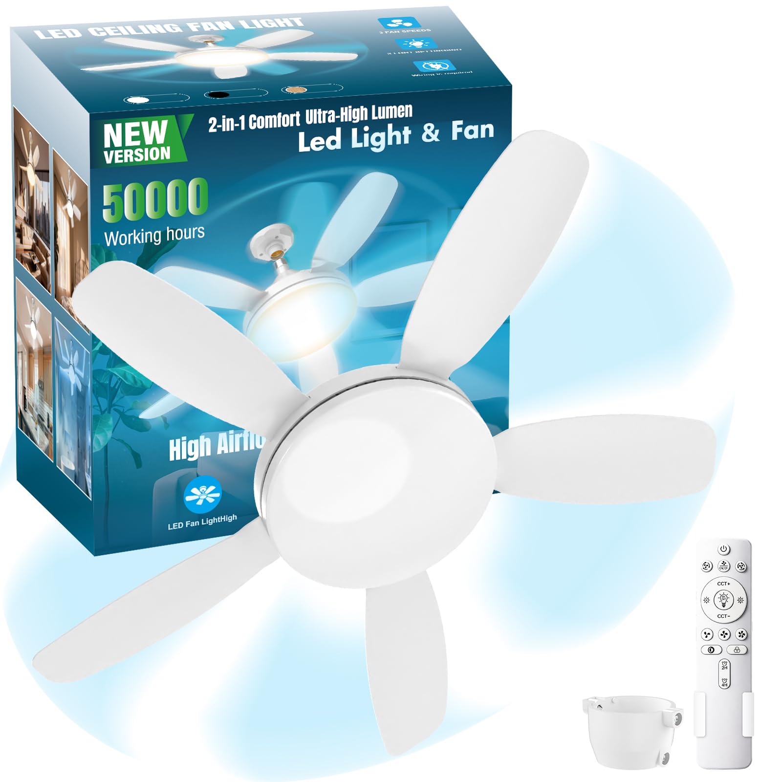 32" Socket Fan Light, 3000 Lumens Small Ceiling Fans with Lights and Remote, E26/E27 Light Bulb Fan with Reversible Motor, Dimmable 3000K-6500K Light Socket Fan for Bedroom Kitchen Garage