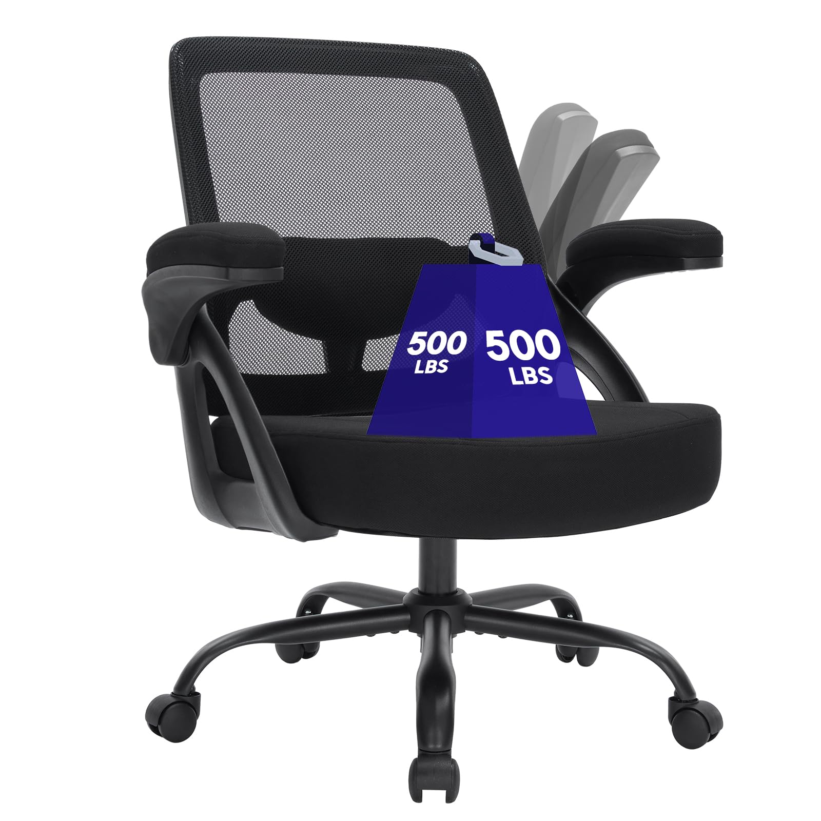 Big and Tall Ergonomic Office Chair 600lbs,heavy Duty Rocking Chair with Flip-up Arms, Computer Mesh Desk Chair Extra Wide Seat,executive