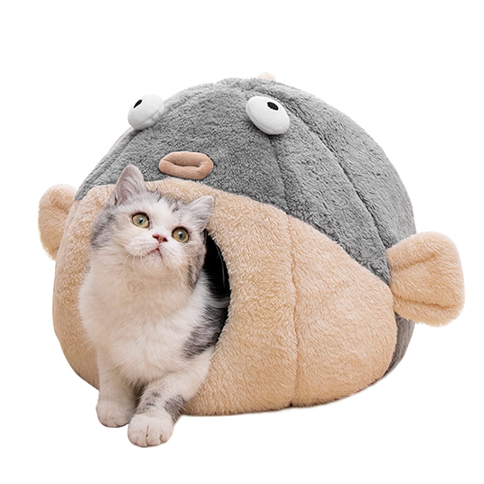 Cat Beds for Indoor Cats - Cat Bed Cave with Removable Washable Cushioned Pillow, Soft Plush Premium Cotton No Deformation Pet Bed, Lively Pufferfish cat House Design, Grey, Multiple Sizes