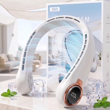 Portable Neck Fan with 6000mAh USB - Rechargeable Battery, Ultra-Light Bladeless Neck Fan LED Display, 360° Cooling Wearable Fan, 3 Speeds-White
