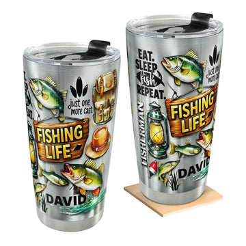 Eat Sleep Fish Repeat - Personalized Stainless Steel Tumbler Custom Name Travel Mug Insulated Cup Drinkware Beverage Accessories For Fisherman Outdoor Sports Men Gifts