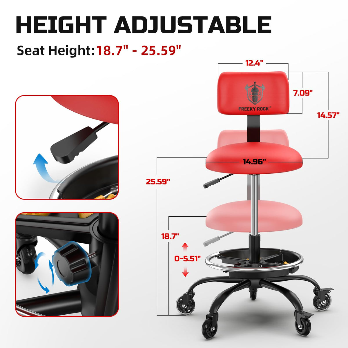 Rolling Shop Stool with Wheels, Garage Mechanic Stool Chair with Backrest, Height Adjustable Heavy Duty Swivel Task Chair, Adjustable Footrest