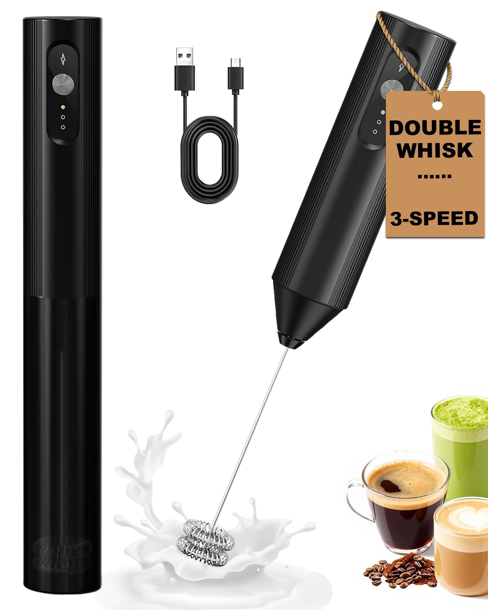 3-Speed Rechargeable Milk Frother with Cover, Dual Coil Whisk Coffee Frother Handheld - Portable Hand Frother Wand for Coffee Matcha Cappuccino & Hot Chocolate, Kitchen Gift, Black