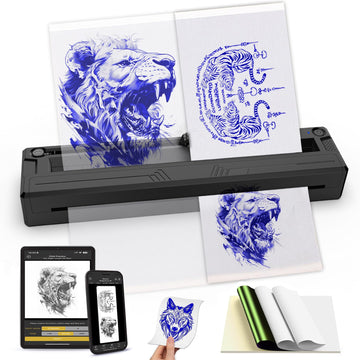 Wireless Tattoo Stencil Printer, Portable Bluetooth Thermal Tattoo Printer with App Custom-Size? A4, Print Realistic Portraits, 10 Transfer Papers, Works for Phone/Tablet/PC (Black)