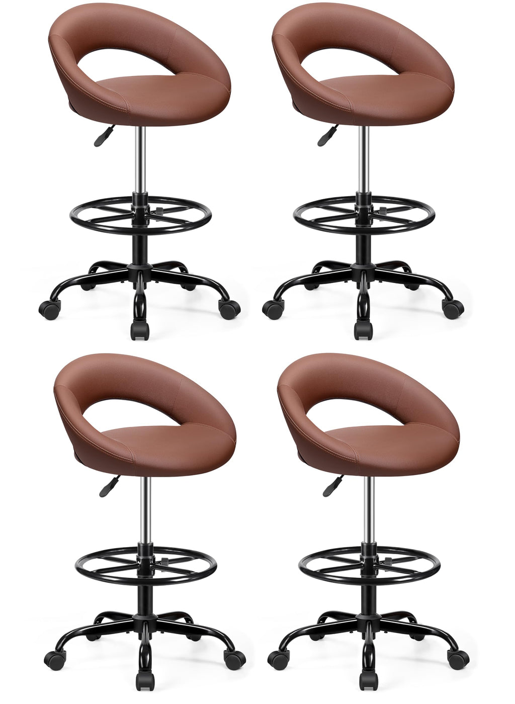 Bestfair Drafting Chair with Back, Adjustable Counter Height Rolling Stool, 4 Pack, Brown