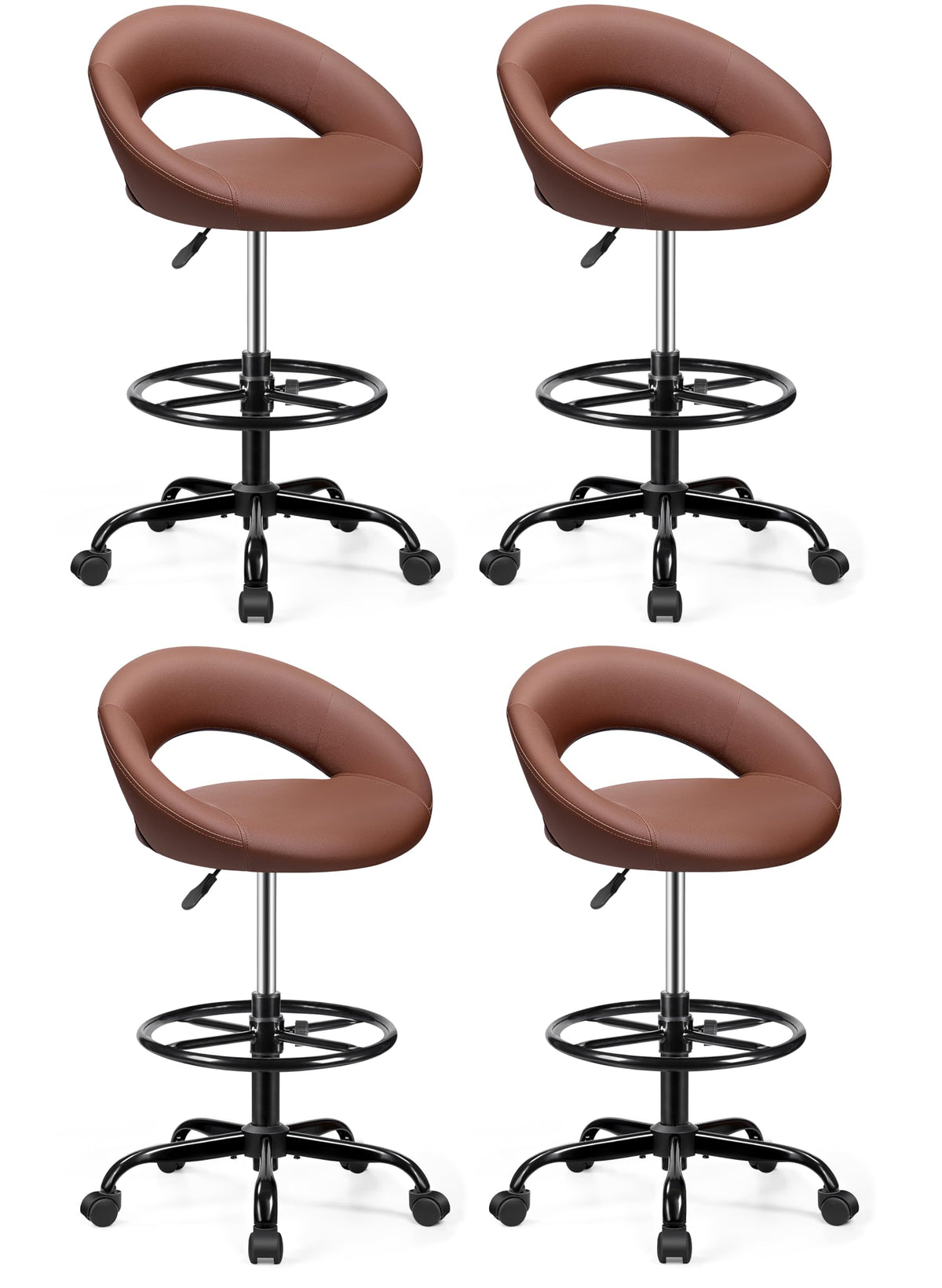 Bestfair Drafting Chair with Back, Adjustable Counter Height Rolling Stool, 4 Pack, Brown