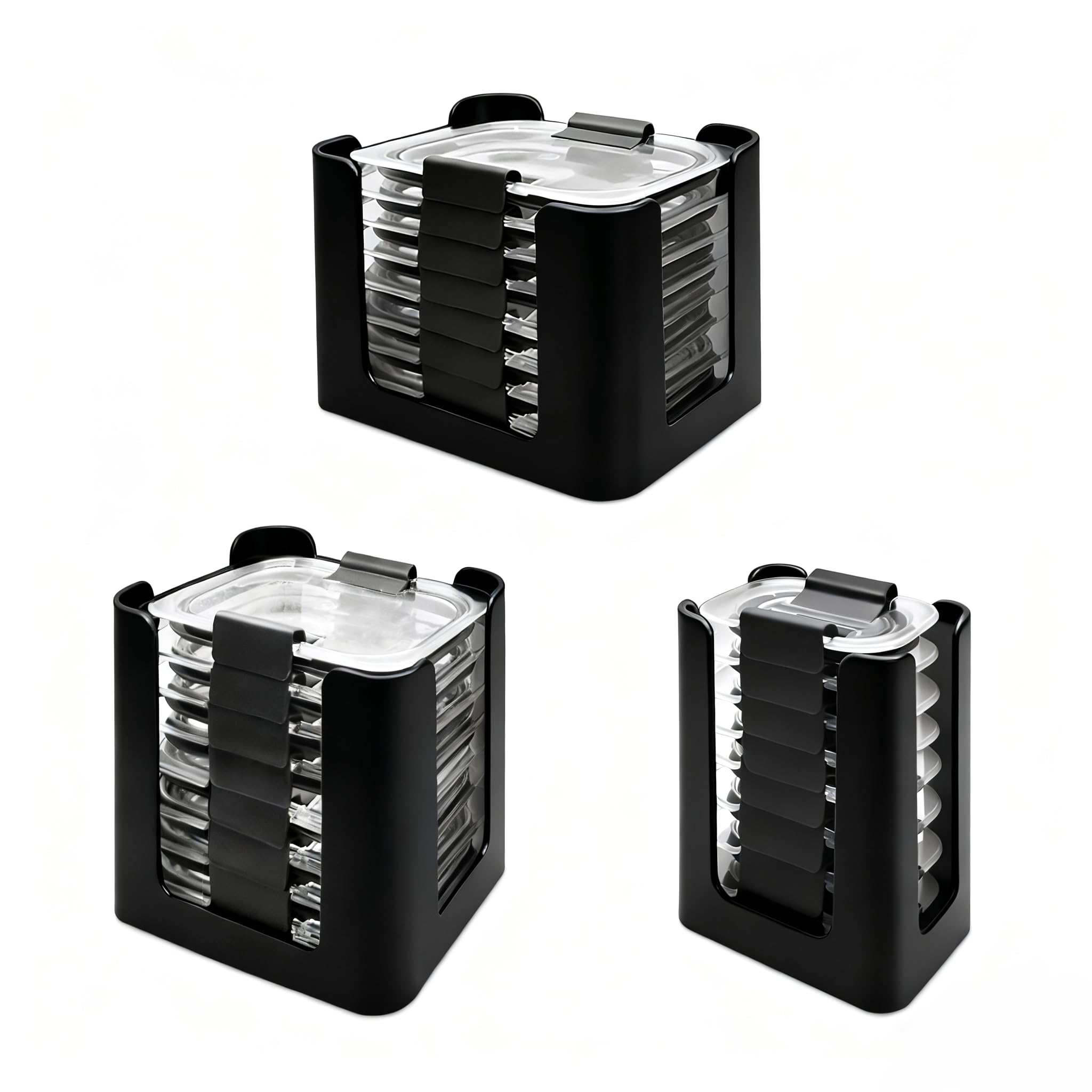 Food Container Lid Organizer for Rubbermaid Brilliances nap-on lids, Lid Organizer for Kitchen Cabinet Storage (3-Piece) - Holds 24 Lids for 4.7 Cup, 3.2 Cup, 1.3 Cup & 0.5 Cup Containers (Black)