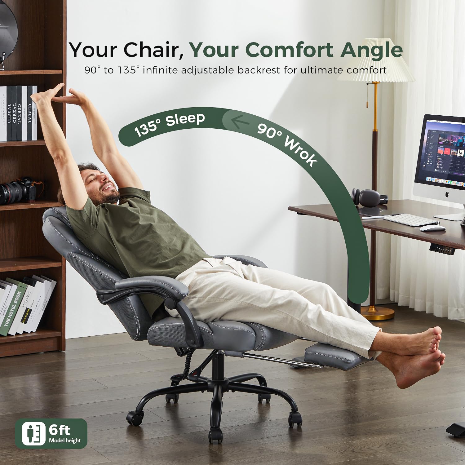 Amseatec Big and Tall Office Chair with Footrest, Lumbar Support, Grey, Oversized