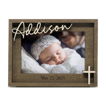 Baptism Picture Frame, Cross and Personalized Name Custom Date or Text, 4x6 or 5x7