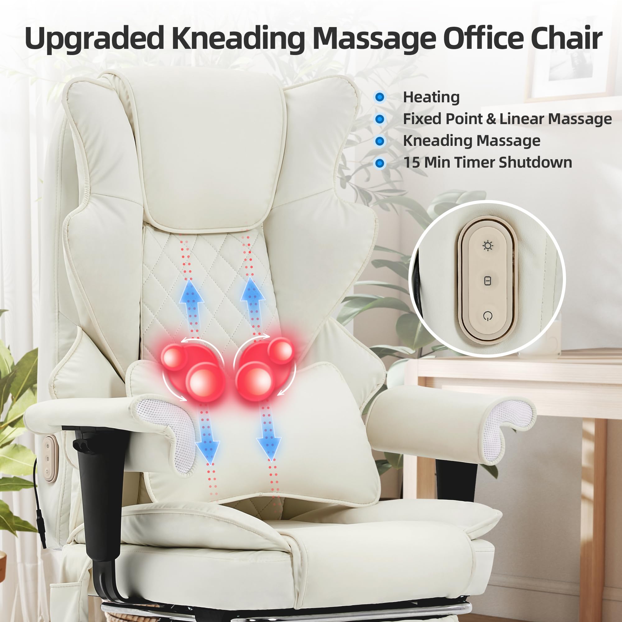 Tonghuas 3d Kneading Massage Heated Office Chair with Foot Rest, 90-135° Reclining & Adjustable Armrest Desk Chair with Lumbar Pillow,
