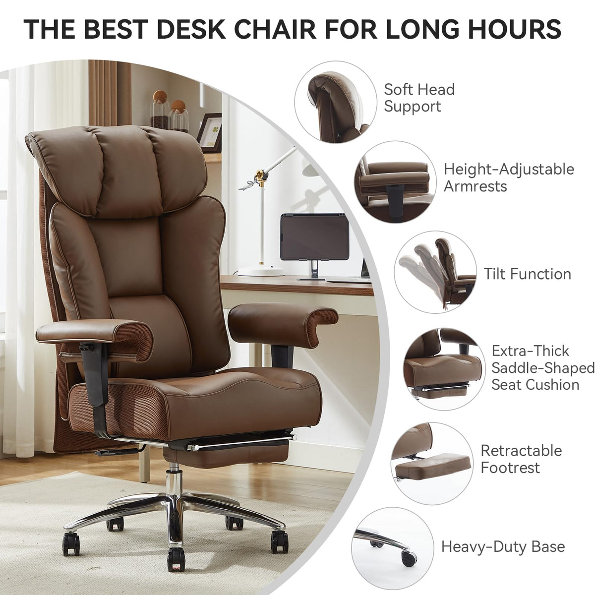 Efomao Big and Tall Office Chair 400lbs - Heavy Duty Executive Desk Chair with Foot Rest & 23" Wide Seat - High Back Ergonomic Leather Computer