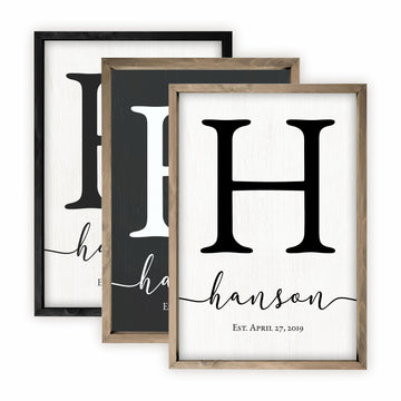 Framed Family Name Sign Personalized Monogram - Choose From Four Sizes