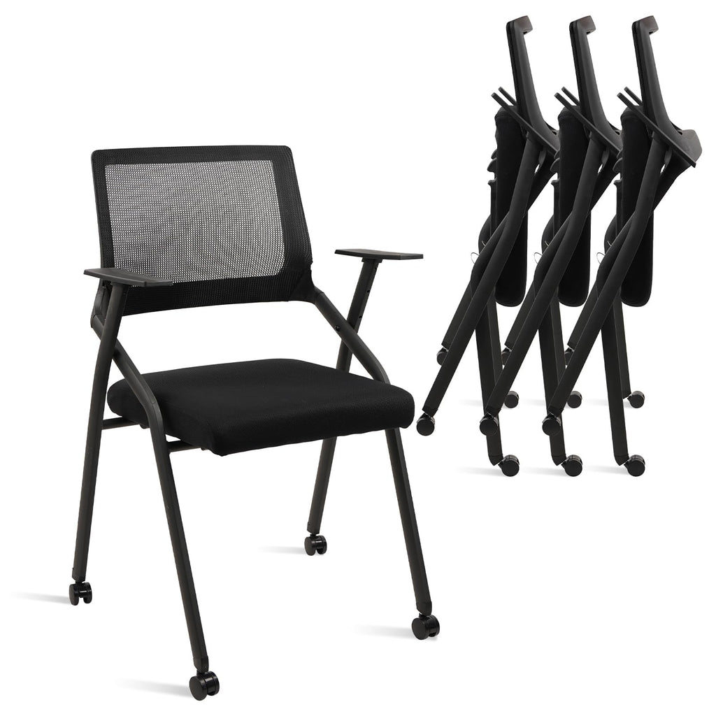 Clatina Stackable Foldable Conference Room Chairs with Wheels, Portable Padded Office Desk Chair with Lumbar Support and Armrest for Training