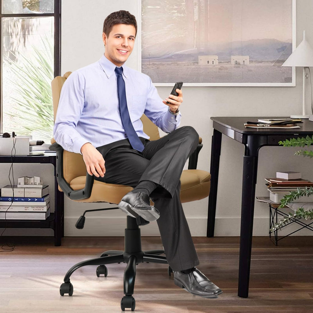 Clatina Brown Office Computer Chair Pu Leather Executive Office Chair Swivel Adjustable Height Chairs with Upholstery Fixed Armrest Mid-back