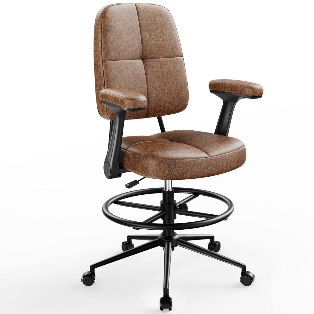 Marsail Ergonomic Drafting Chair for Standing Desk, 330lbs Heavy Duty Tall Office Chair with Adjustable Foot Ring & Flip-up Arms, Comfort Brown