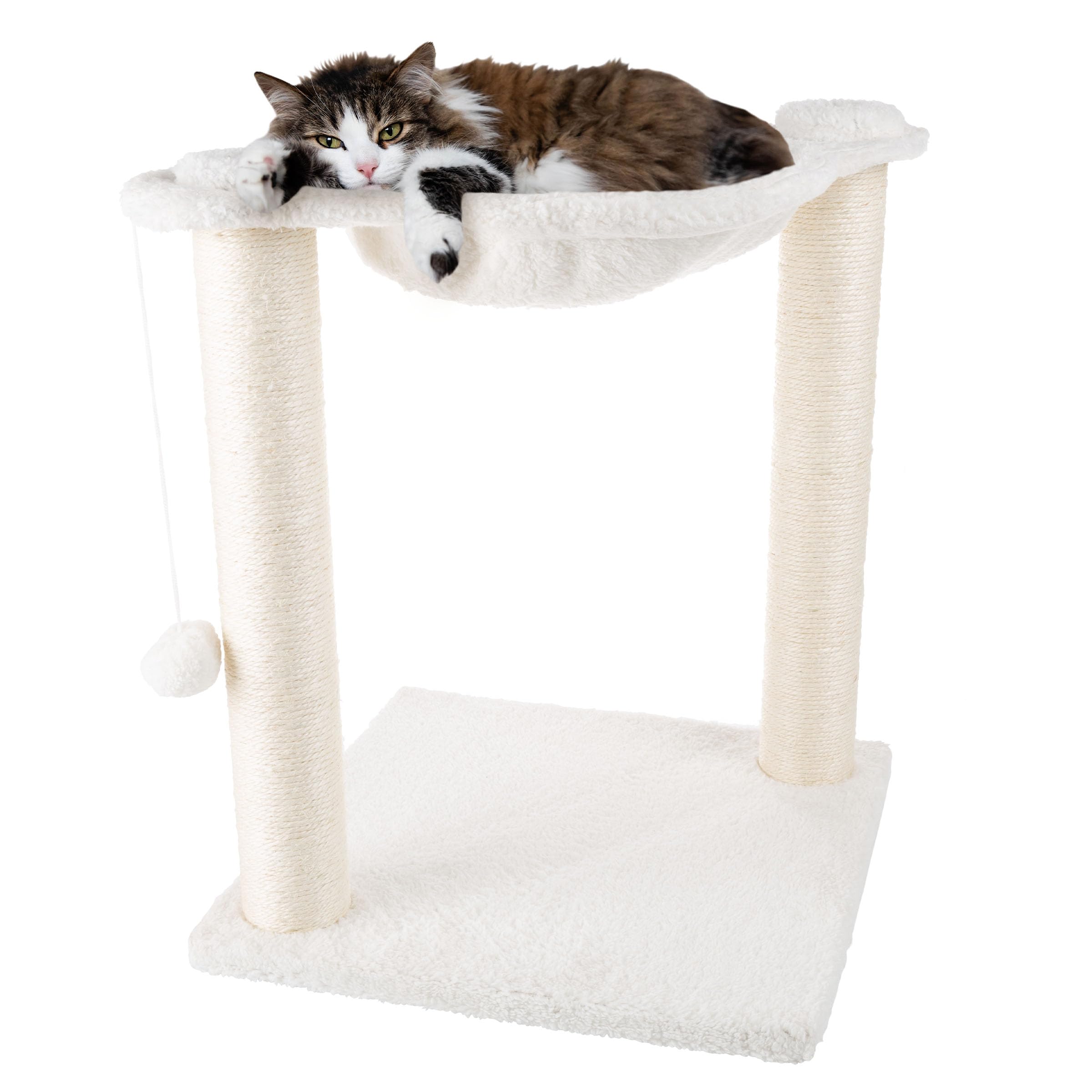 19-Inch Cat Scratching Post with Hammock ? Sisal Fabric and Carpet Small Cat Tree, Hanging Ball Toy for Adult Cats and Kittens by PETMAKER (White)