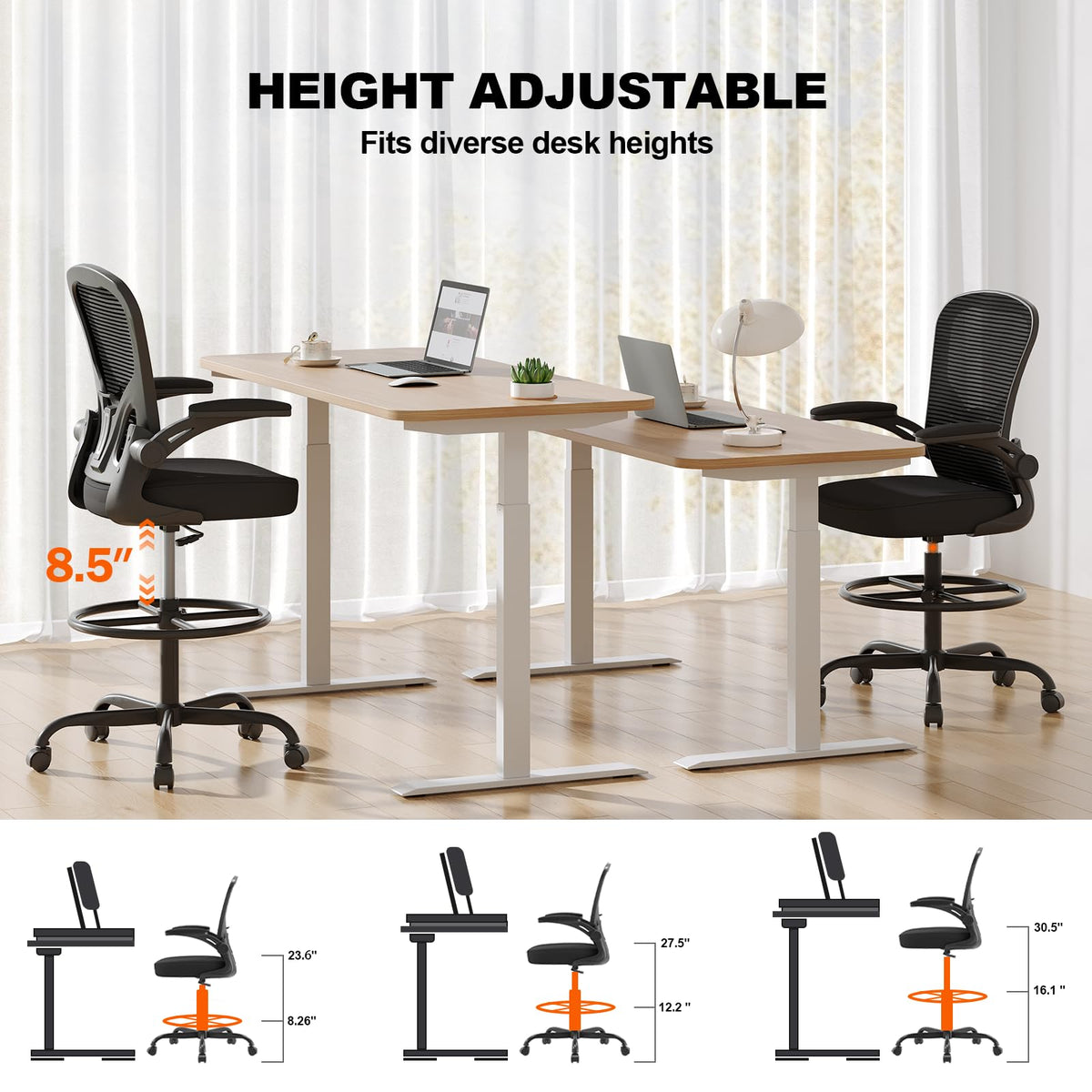 Synorla Ergonomic Tall Drafting Chair-mesh Desk Chair with Flip-up Arms, 2 ft 1 in x 1 ft 8.5 in x 4 ft 2.6 in, Black Pink