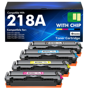 218A Toner Cartridges 4 Pack 218 3201dw 3301fdw High Yield W2180A with Chip | Compatible for HP Color LaserJet Pro MFP 3301fdw 3201dw 3301sdw 3301cdw 3301 3201 Series Printer High Yield Ink Set (B/C/Y/M)