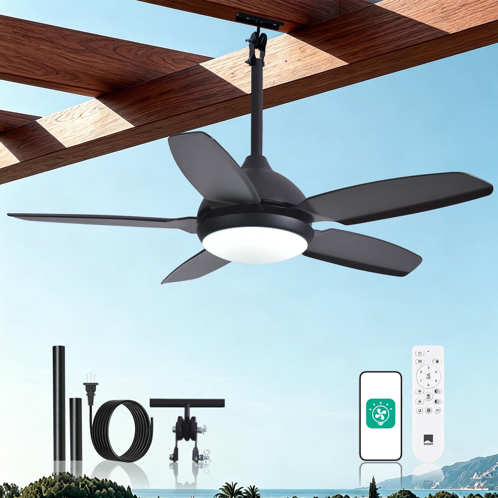 Orison 42" Plug-in Outdoor Ceiling Fan with Light for Patio, Gazebo & Porch, Black 5-Blade Hanging Fan, IP44 Waterproof, 6-Speed Quiet DC Motor, Remote & App Control, Dimmable 3000–6500K, Reversible