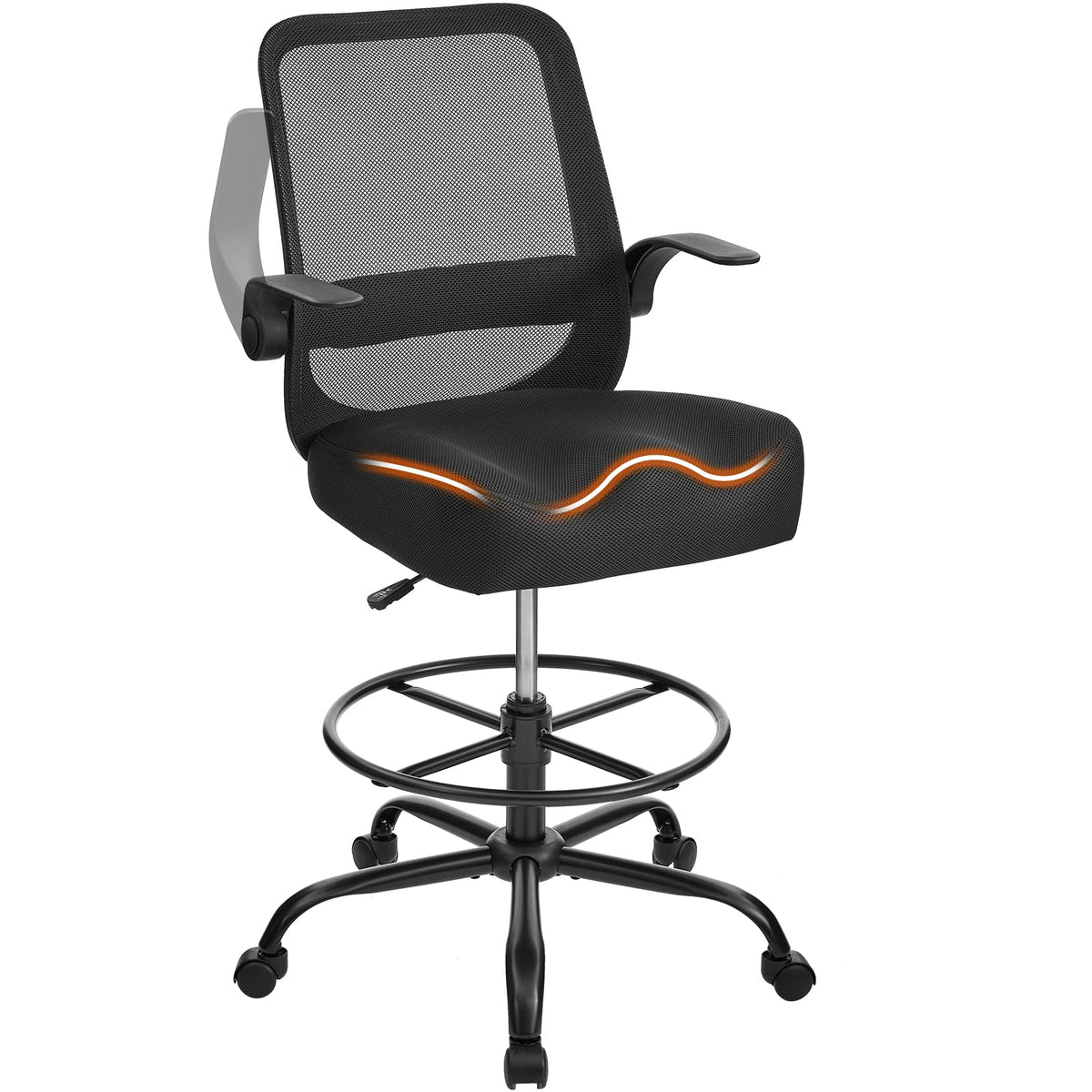 Kwksv Drafting Chair for Standing Desks, 500lbs Capacity Tall Office Chair with Adjustable Height, Foot Ring, Flip-up Armrests, Thick Curved