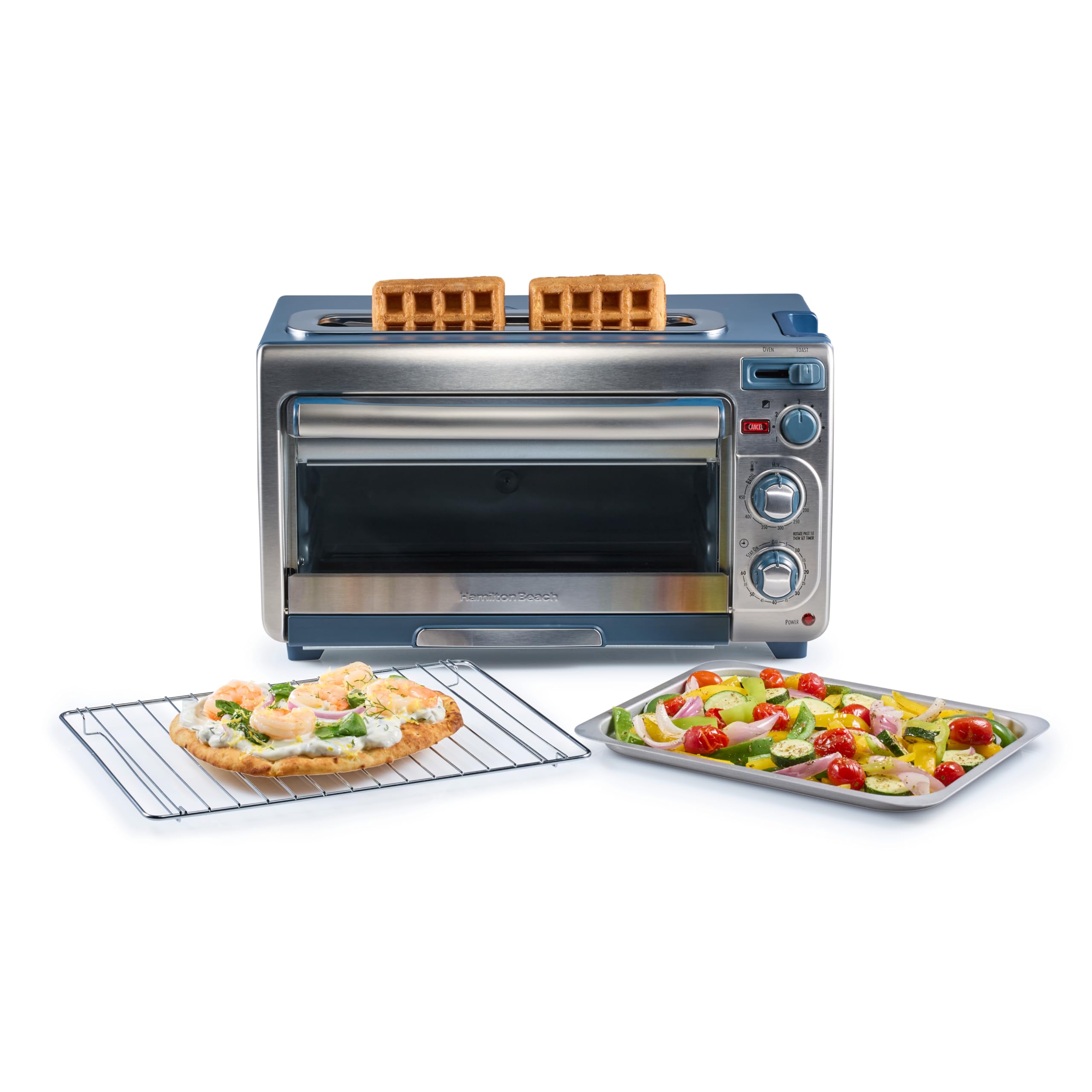 Hamilton Beach 2-in-1 Countertop Toaster Oven and Long Slot 2 Slice Toaster, 60 Minute Timer and Automatic Shut Off, Shade Selector, Kitchen Makeover Blue & Stainless Steel (31158)