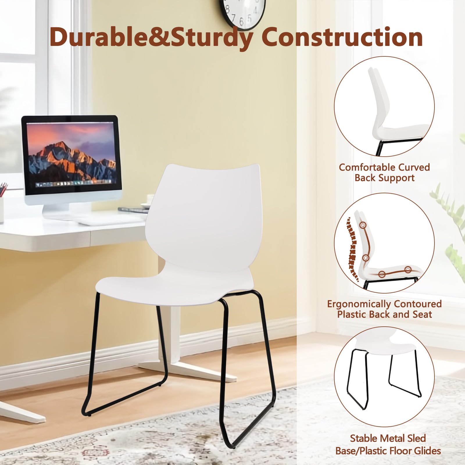 Klasika Stackable Waiting Room Chair, Stacking Office Chair with Ergonomic Lumbar Support and Metal Legs, Plastic Desk Chairs for Conference