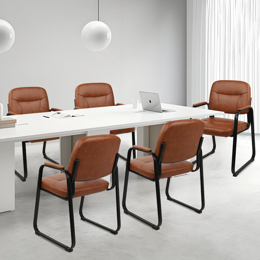 Clatina Waiting Reception Chairs No Wheel, Leather Guest Chair with Padded Arms, Modern Brown Office Desk Chairs with Sled Base for Office