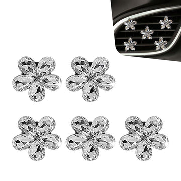 5PCS Bling Flower Air Vent Clips, Cute Daisy Flower Air Vent Clip, Diamond Air Conditioning Outlet Clip, Rhinestone Decor Accessories for Women Girls, Five-Petaled Flower A/C Clamp (White)