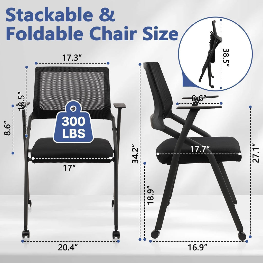 Clatina Stackable Foldable Conference Room Chairs with Wheels, Portable Padded Office Desk Chair with Lumbar Support and Armrest for Training