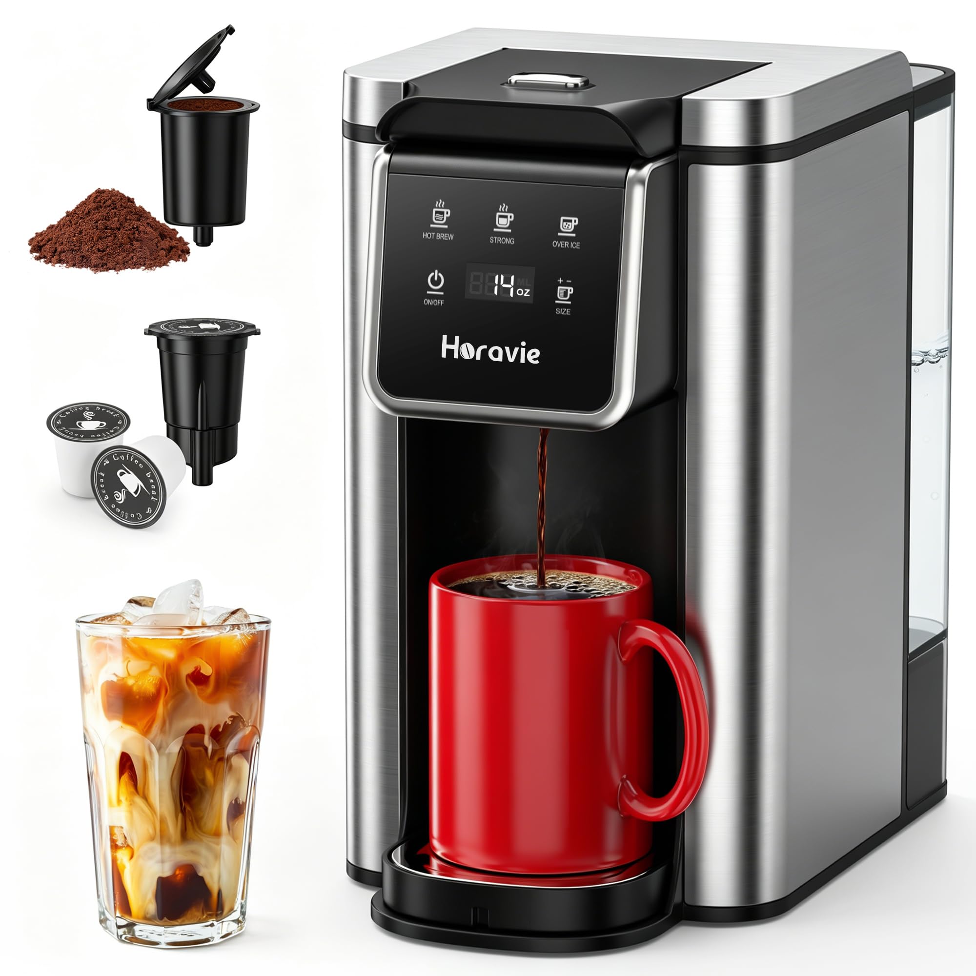 Horavie Single Serve Coffee Maker for K-Cup Pod and Ground, Hot & Iced Coffee Maker, Strong Button Feature, 6 to 14oz Brew Sizes, 50oz Removable Reservoir, Fit 6.5" Mugs, Stainless Steel, Black