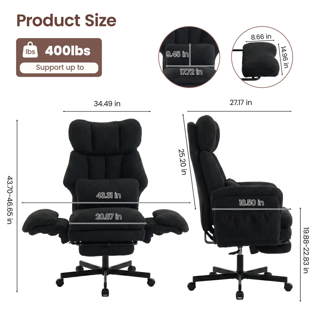 Criss Cross Chair with Footrest, Big and Tall Office Chair with Flip Arms, Teddy Black