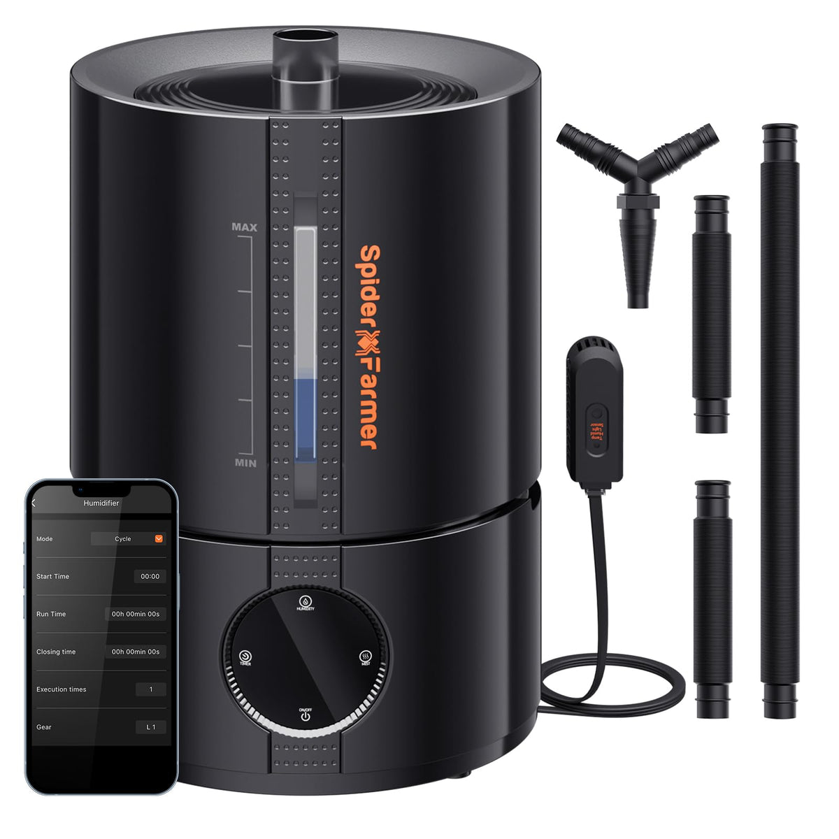 Spider Farmer New 450ml/h Humidifier for Plants Grow Tent Large Room, GGS Smart Customized Humidity Control Cool Mist with Extendable Targeting Hose and Temp & Humidity Probe Indoor Black 5L (Upgrade)